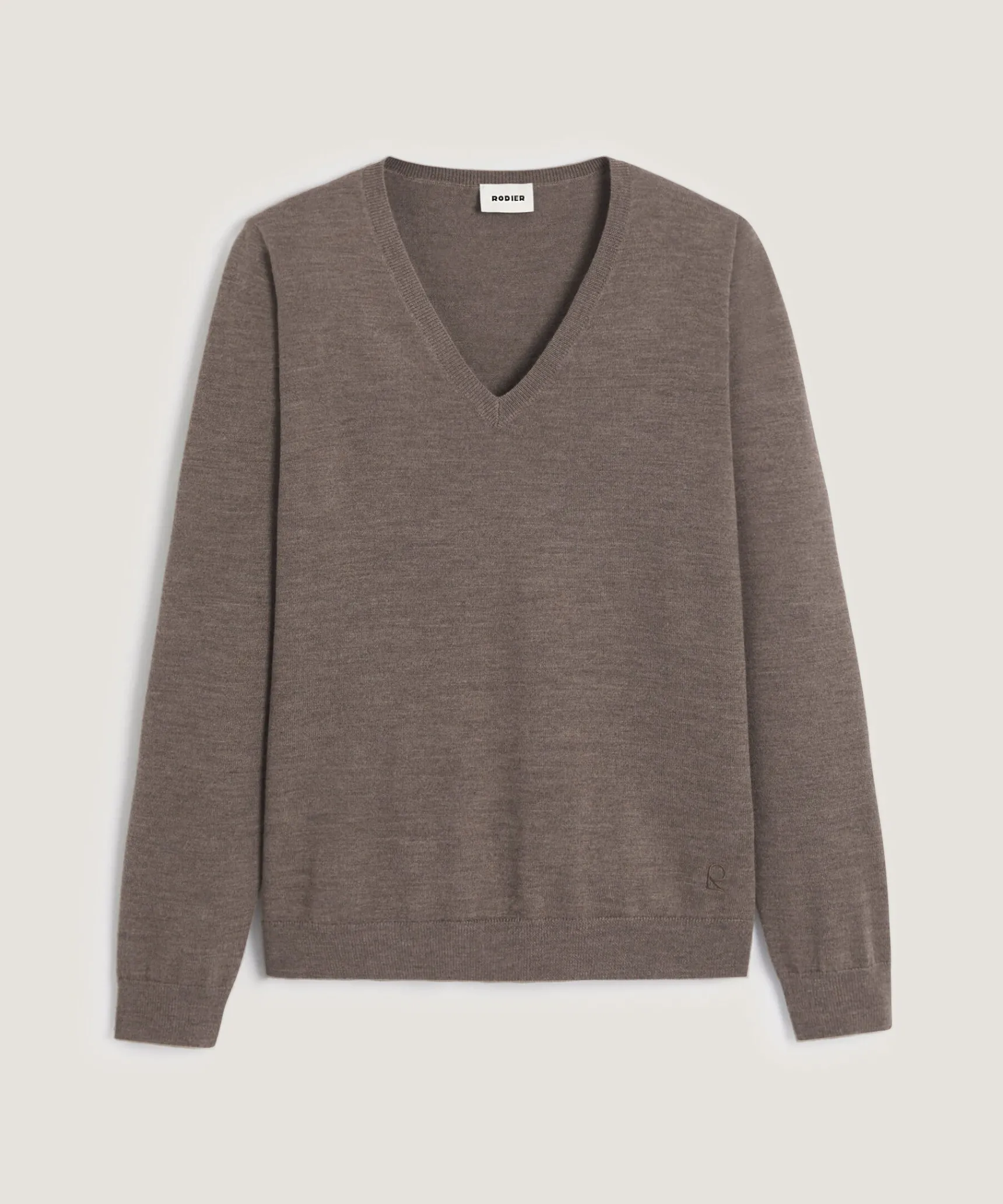 Hot Rodier Pull col V en laine mérinos marron taupe