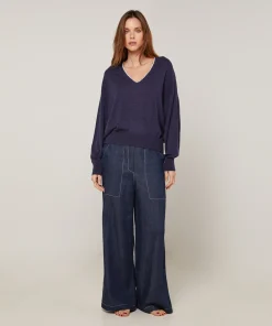 New Rodier Pull col V en maille fine bleu denim