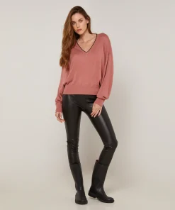 Outlet Rodier Pull col V en maille fine bois de rose