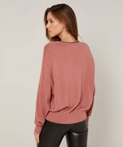 Outlet Rodier Pull col V en maille fine bois de rose