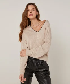 Online Rodier Pull col V en maille fine beige