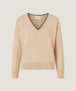 Online Rodier Pull col V en maille fine beige