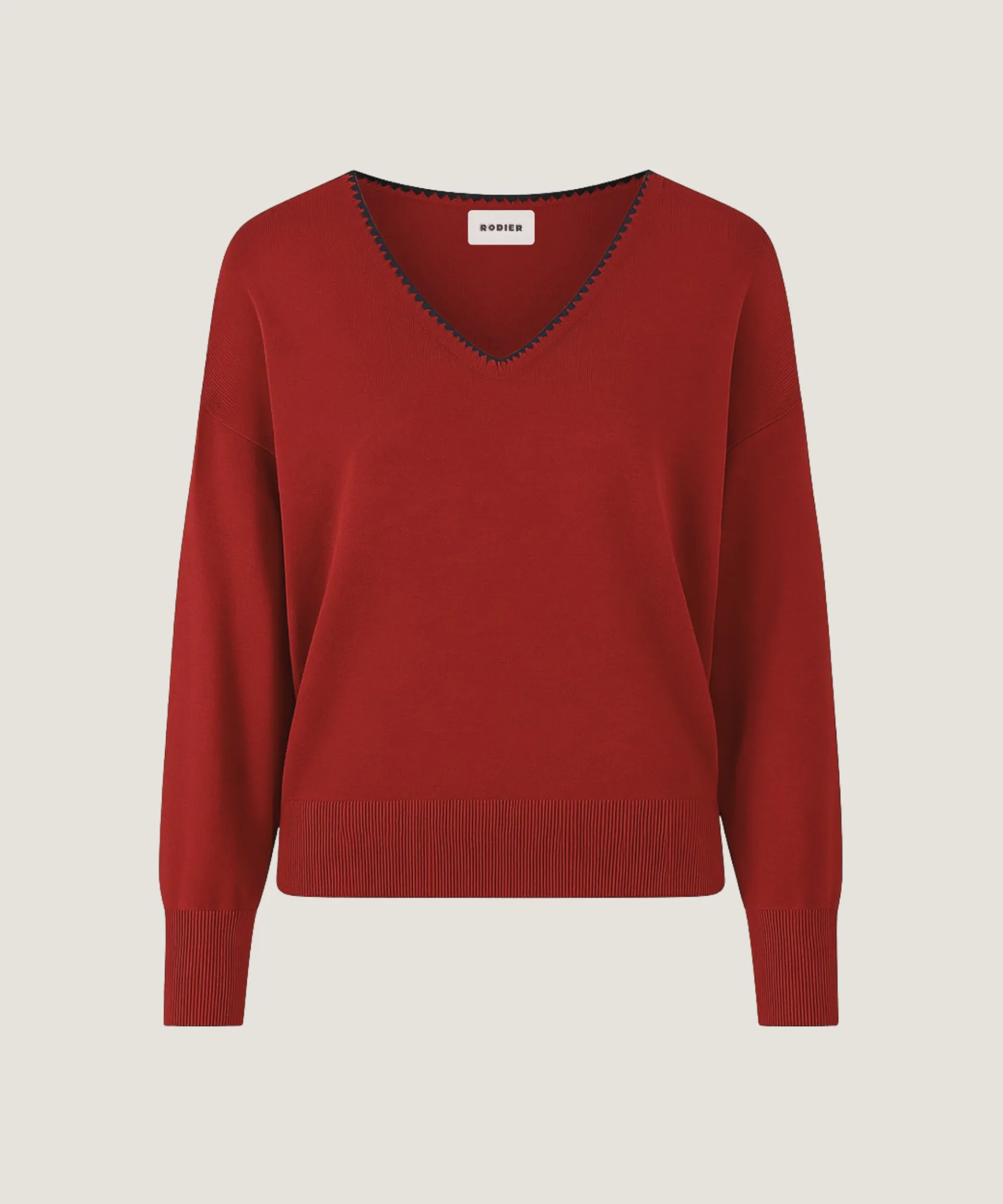 Hot Rodier Pull col V en maille fine rouge brique