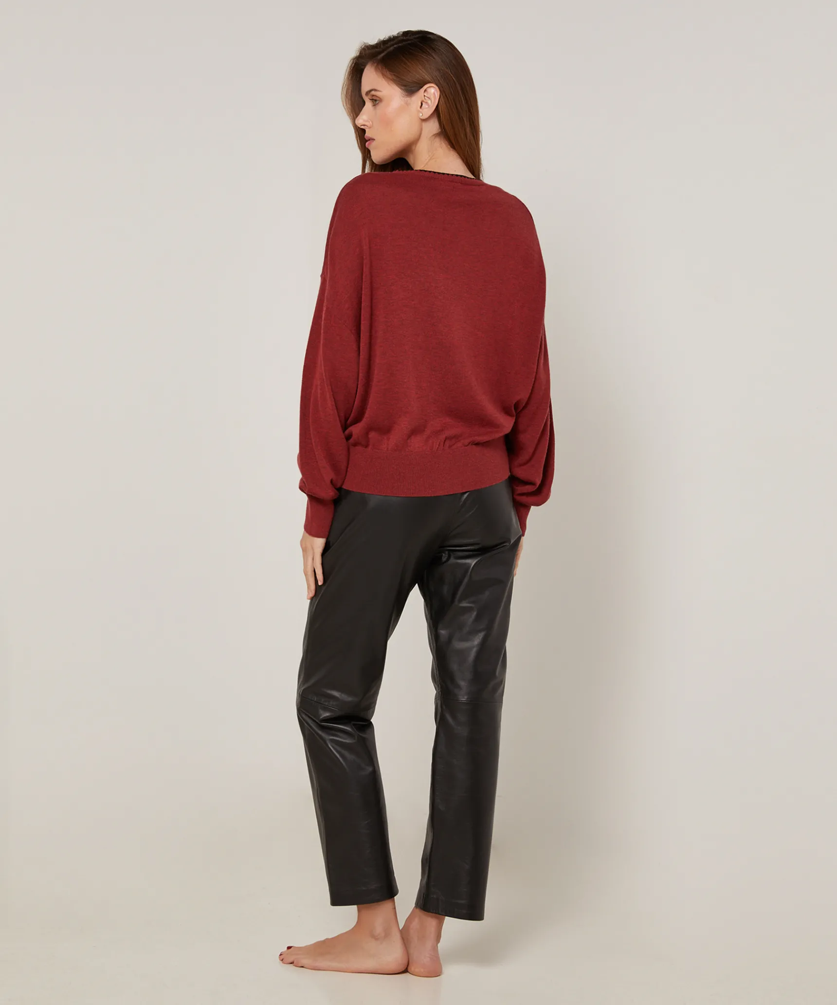 Hot Rodier Pull col V en maille fine rouge brique