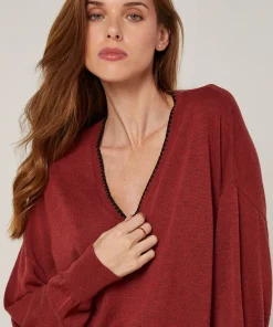Hot Rodier Pull col V en maille fine rouge brique