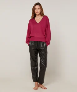 Clearance Rodier Pull col V en maille fine rouge grenat