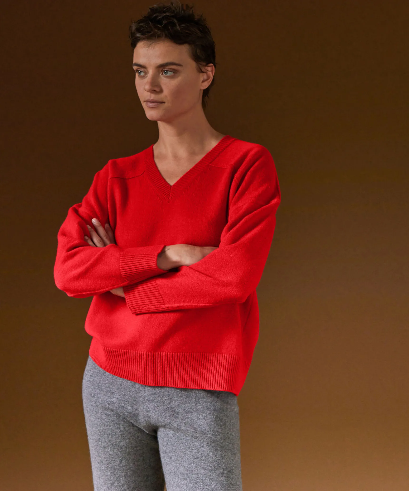 Clearance Rodier Pull col V oversize en cachemire 4 fils orange corail