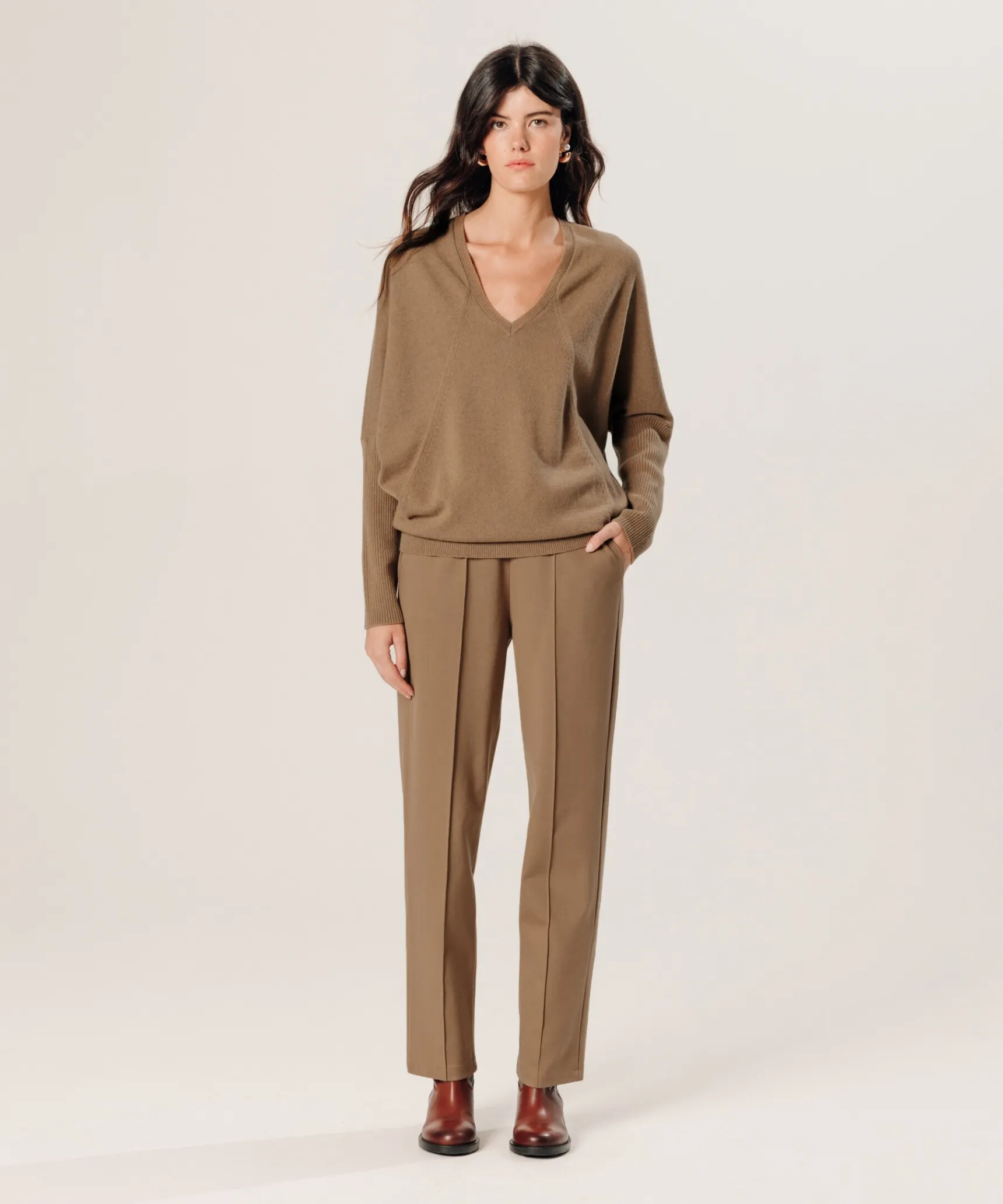 Hot Rodier Pull col V oversize en cachemire marron camel