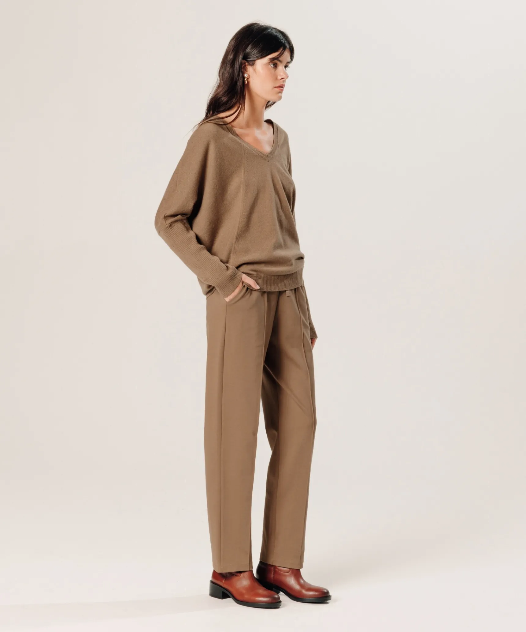Hot Rodier Pull col V oversize en cachemire marron camel