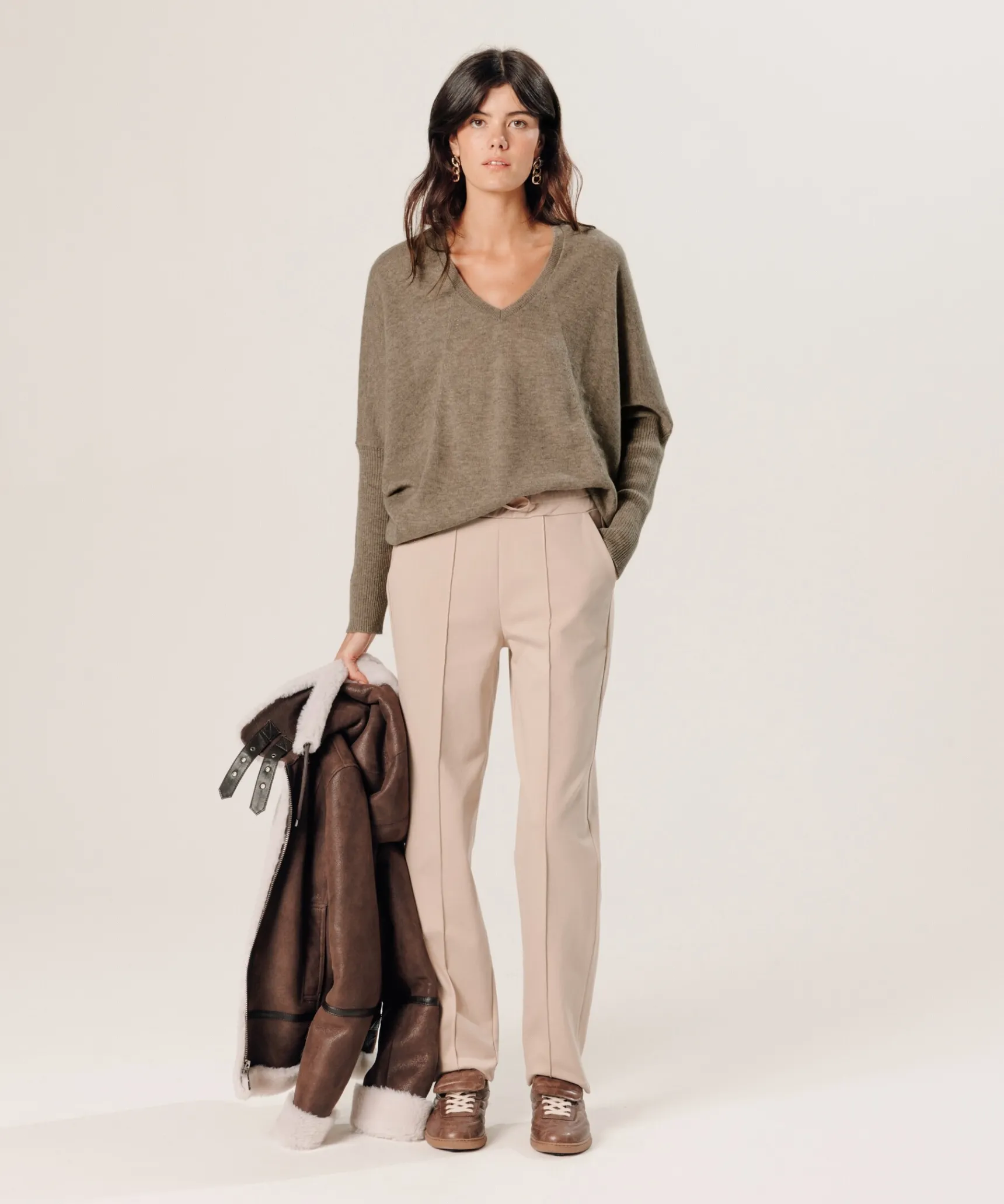 Clearance Rodier Pull col V oversize en cachemire beige