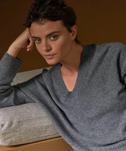Sale Rodier Pull col V oversize en cachemire gris moyen