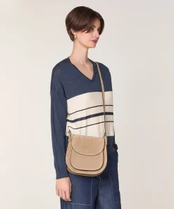 Rodier Pull col V rayé en laine mérinos bleu denim