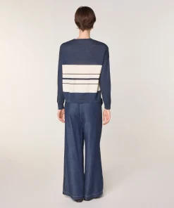 Rodier Pull col V rayé en laine mérinos bleu denim