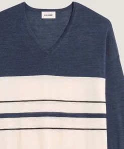 Rodier Pull col V rayé en laine mérinos bleu denim