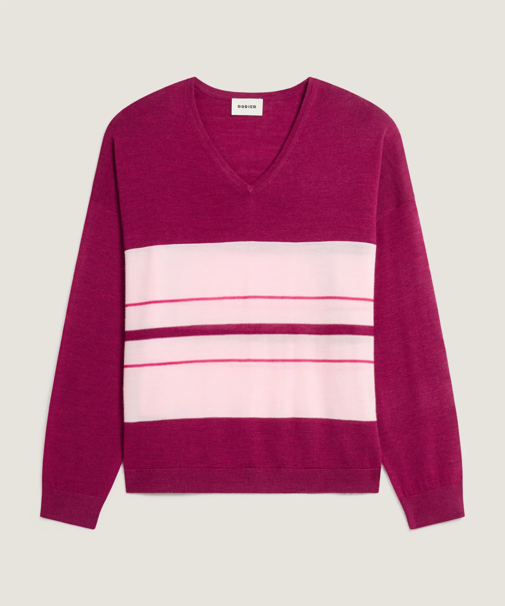 Hot Rodier Pull col V rayé en laine mérinos violet cassis