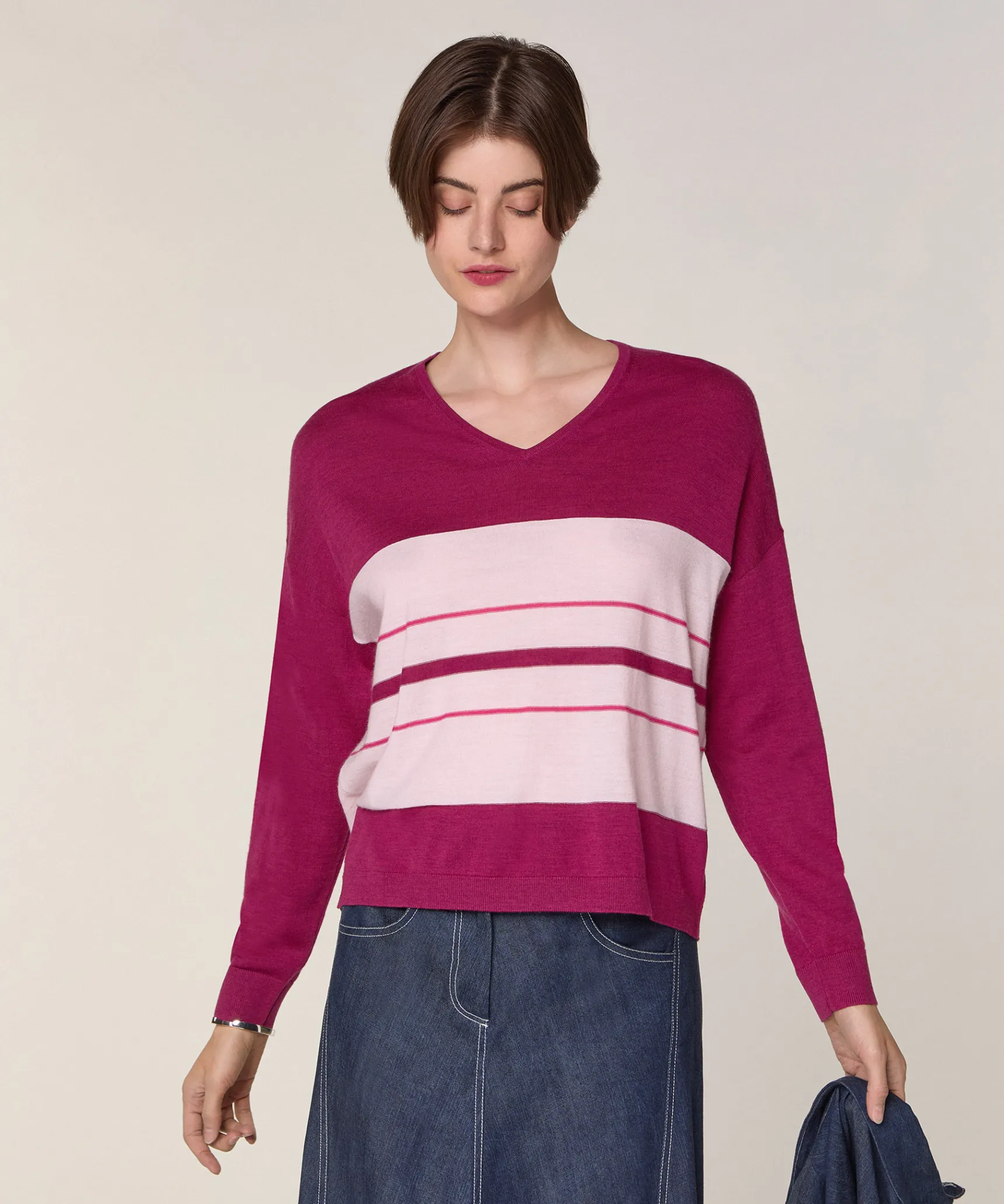 Hot Rodier Pull col V rayé en laine mérinos violet cassis