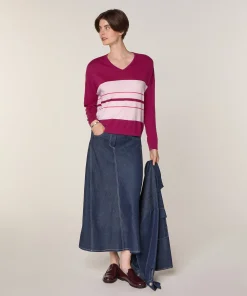 Hot Rodier Pull col V rayé en laine mérinos violet cassis