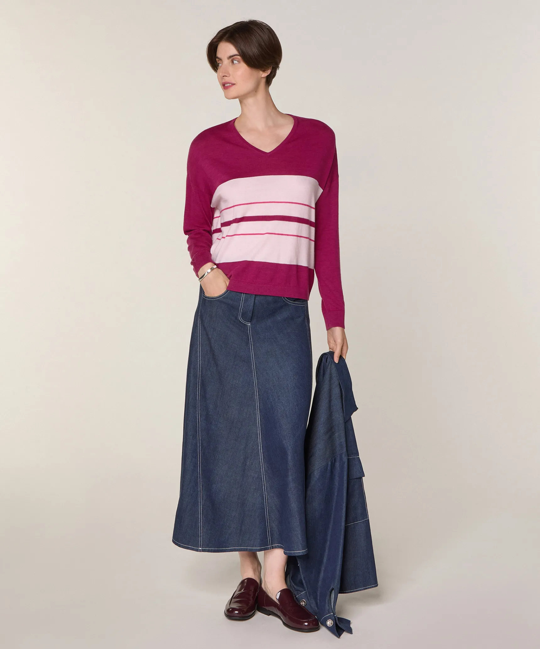 Hot Rodier Pull col V rayé en laine mérinos violet cassis