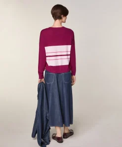 Hot Rodier Pull col V rayé en laine mérinos violet cassis