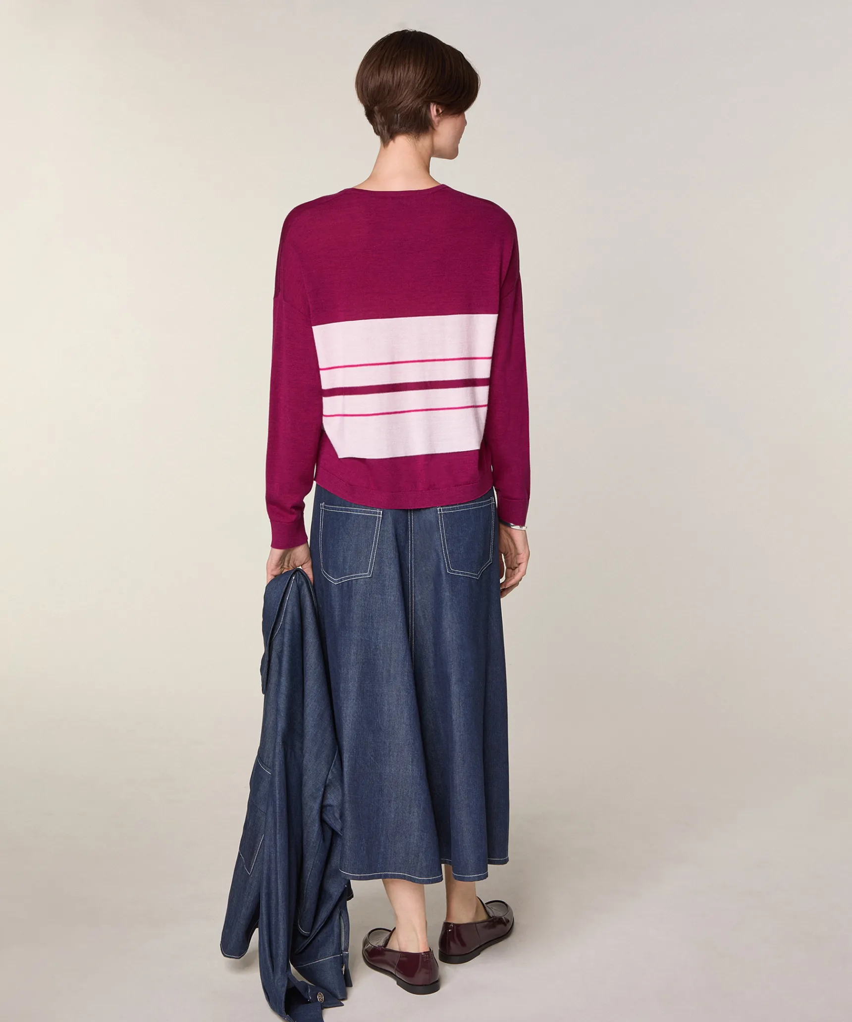 Hot Rodier Pull col V rayé en laine mérinos violet cassis