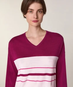 Hot Rodier Pull col V rayé en laine mérinos violet cassis
