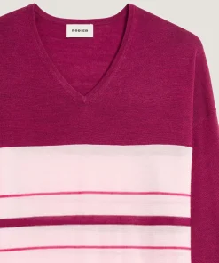 Hot Rodier Pull col V rayé en laine mérinos violet cassis