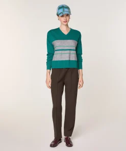 Online Rodier Pull col V rayé en laine mérinos vert canard