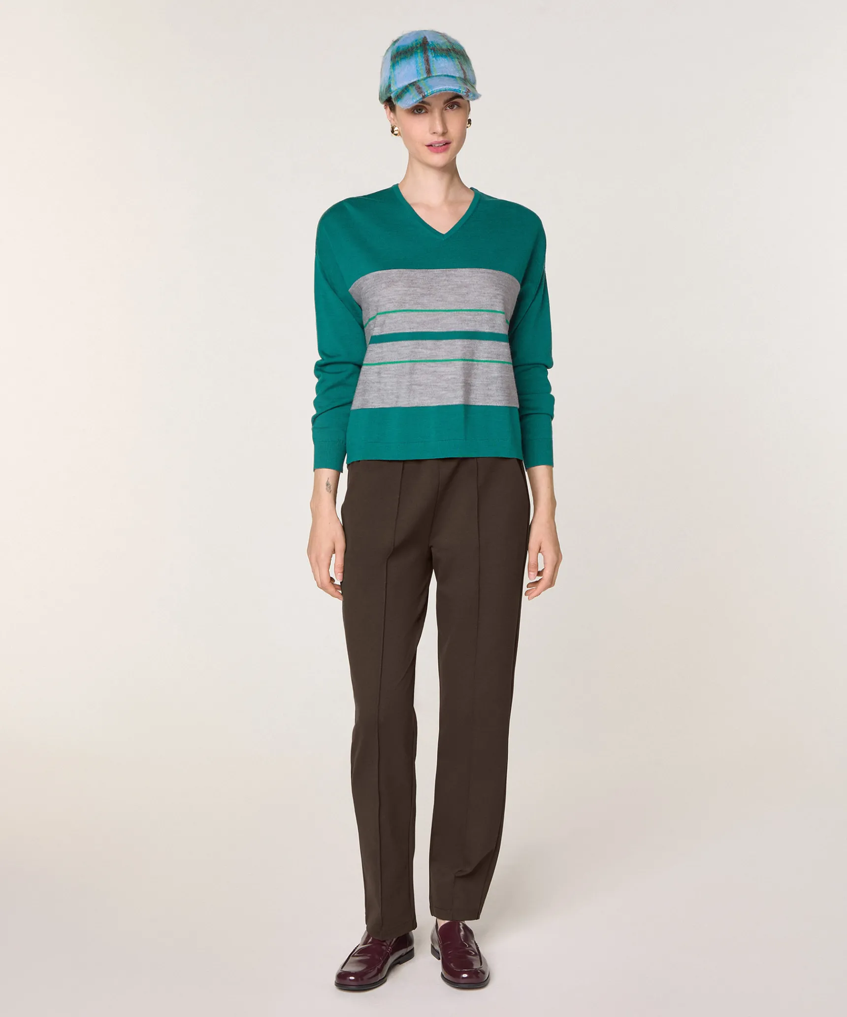 Online Rodier Pull col V rayé en laine mérinos vert canard