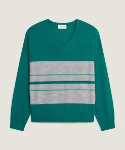 Online Rodier Pull col V rayé en laine mérinos vert canard
