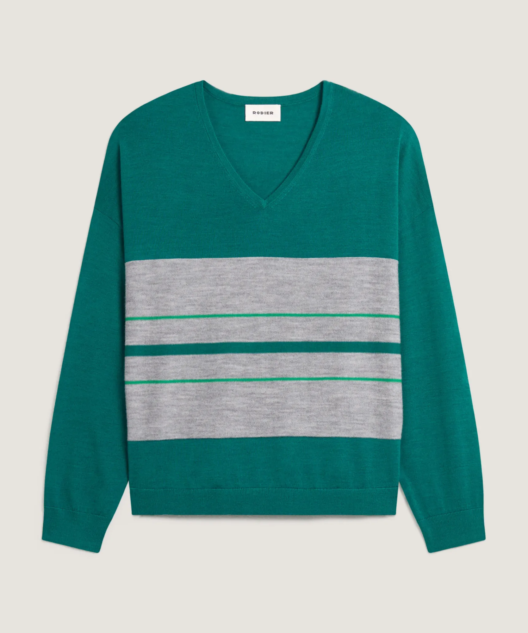 Online Rodier Pull col V rayé en laine mérinos vert canard