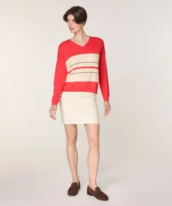 Sale Rodier Pull col V rayé en laine mérinos orange corail