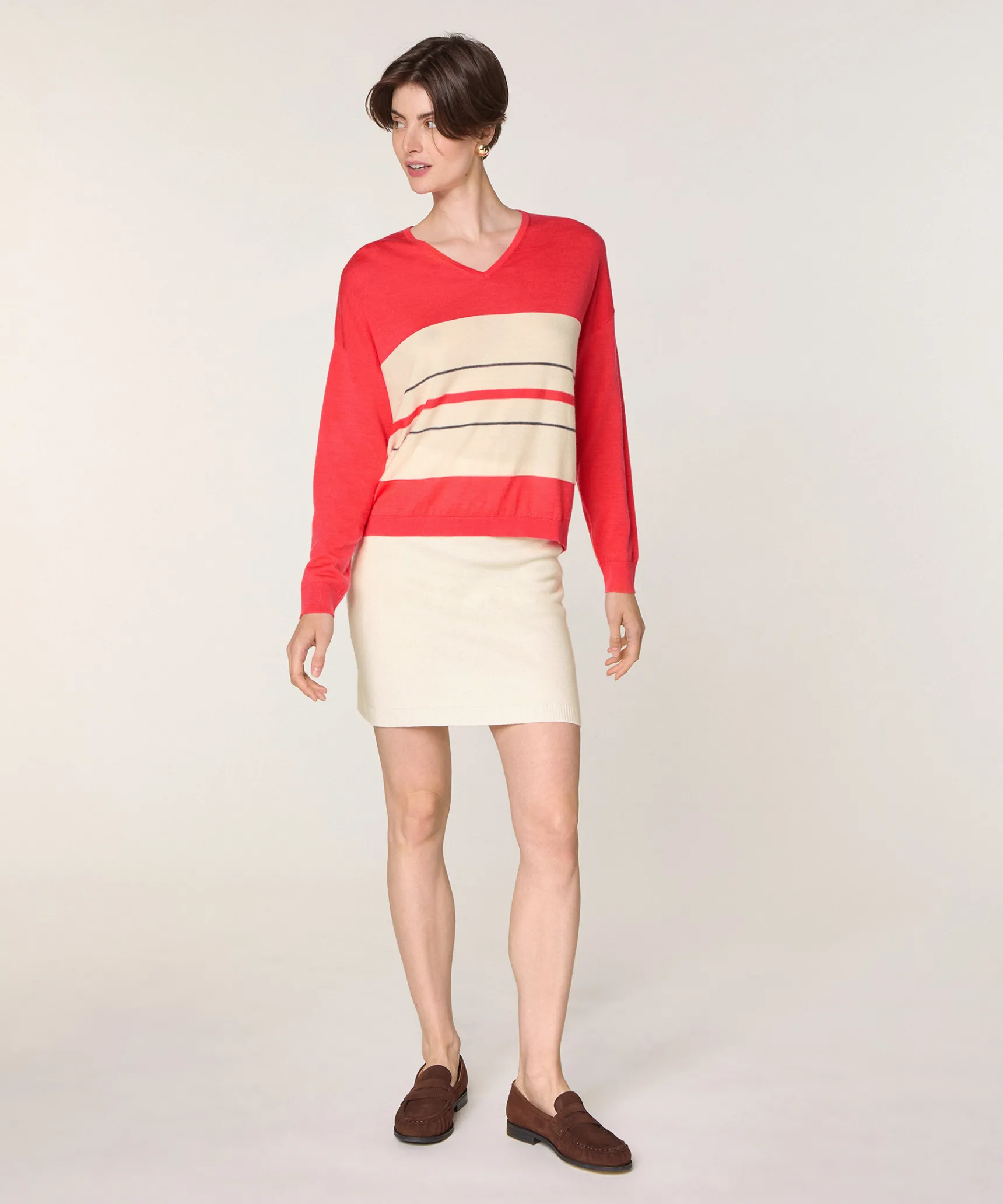 Sale Rodier Pull col V rayé en laine mérinos orange corail