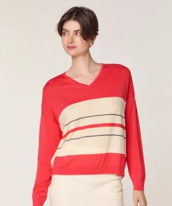 Sale Rodier Pull col V rayé en laine mérinos orange corail