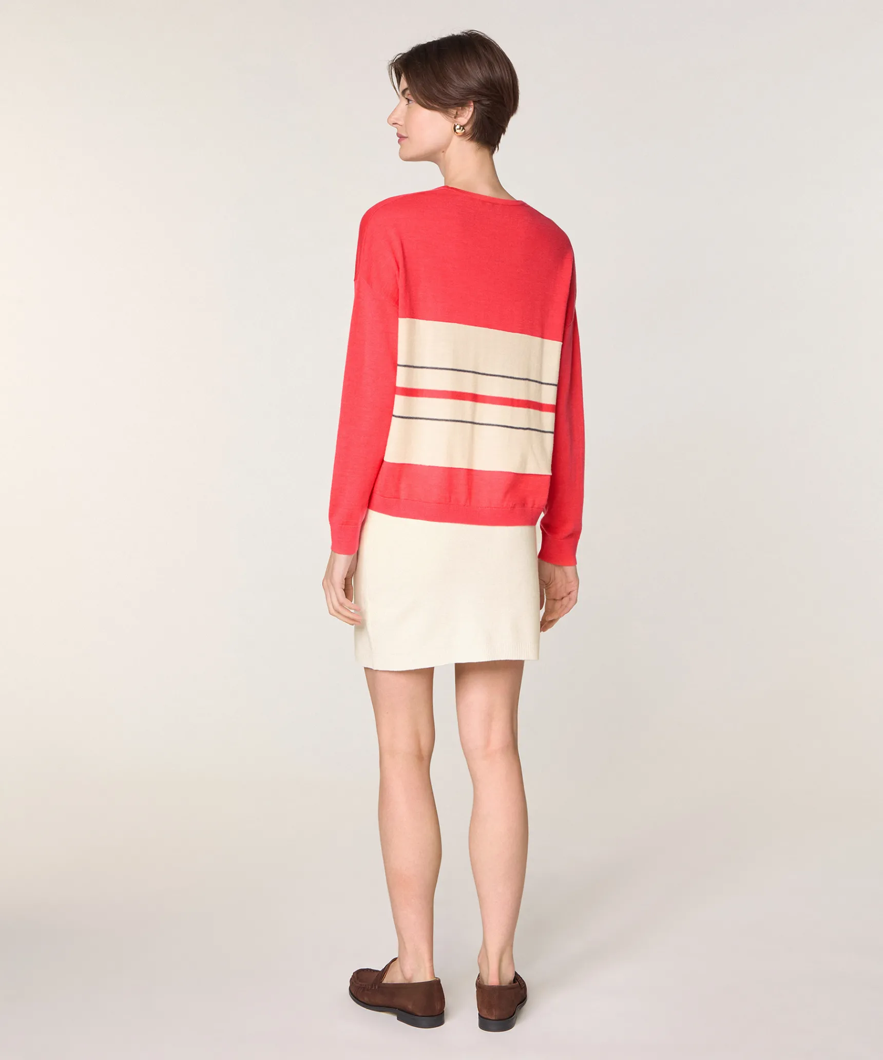 Sale Rodier Pull col V rayé en laine mérinos orange corail