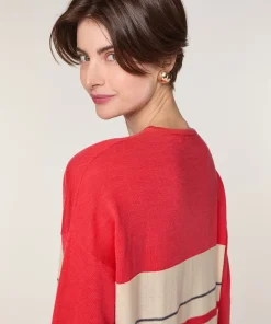 Sale Rodier Pull col V rayé en laine mérinos orange corail