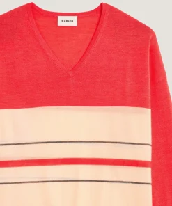 Sale Rodier Pull col V rayé en laine mérinos orange corail