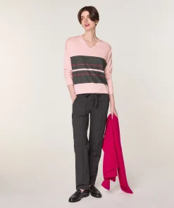 Best Rodier Pull col V rayé en laine mérinos rose perle