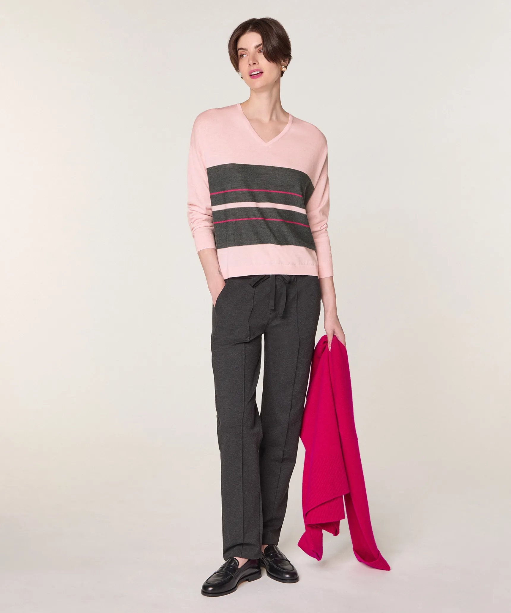 Best Rodier Pull col V rayé en laine mérinos rose perle