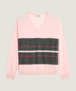 Best Rodier Pull col V rayé en laine mérinos rose perle