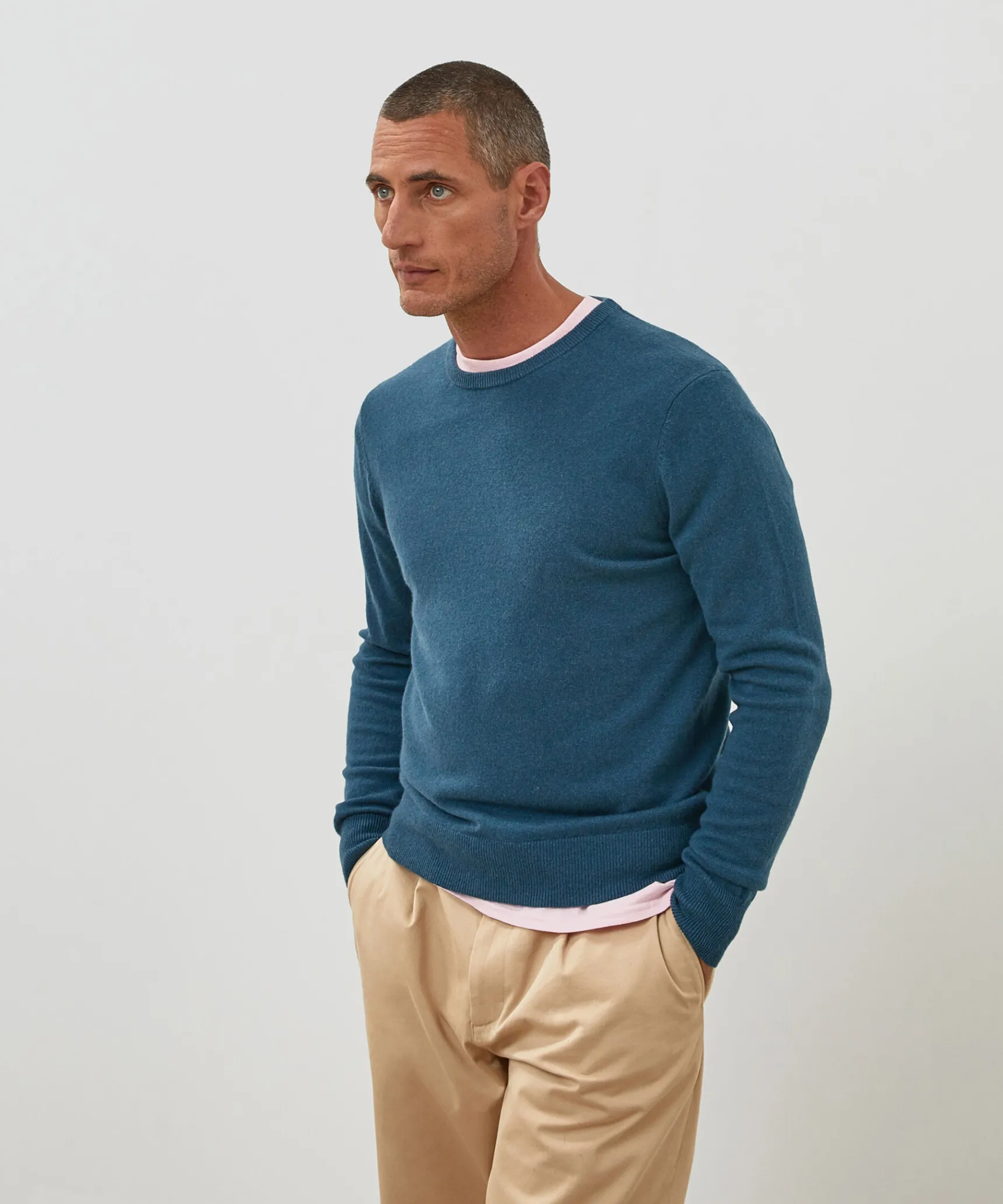 New Rodier Pull homme col rond cachemire bleu azur