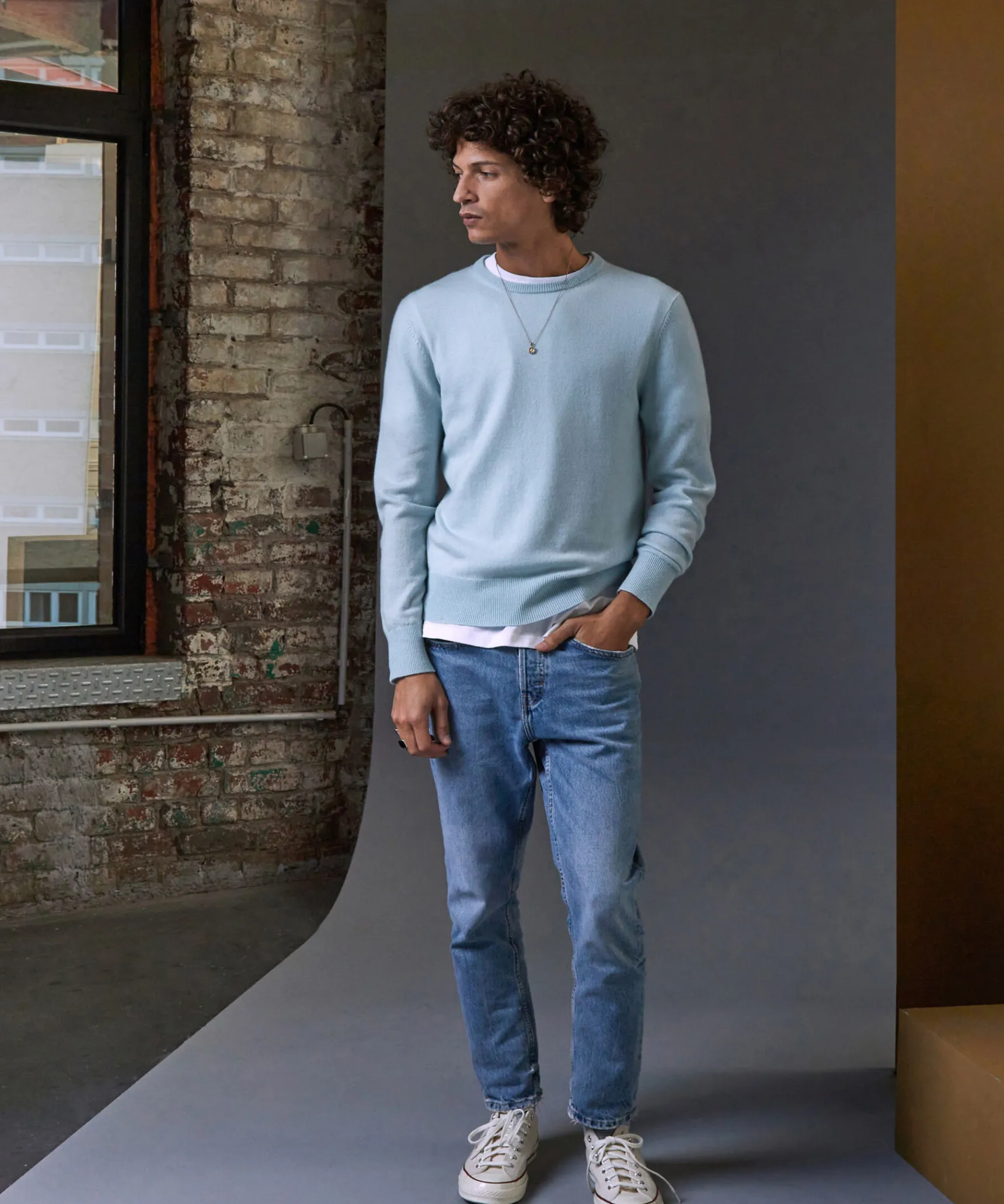 New Rodier Pull homme col rond en cachemire 2 fils bleu ciel