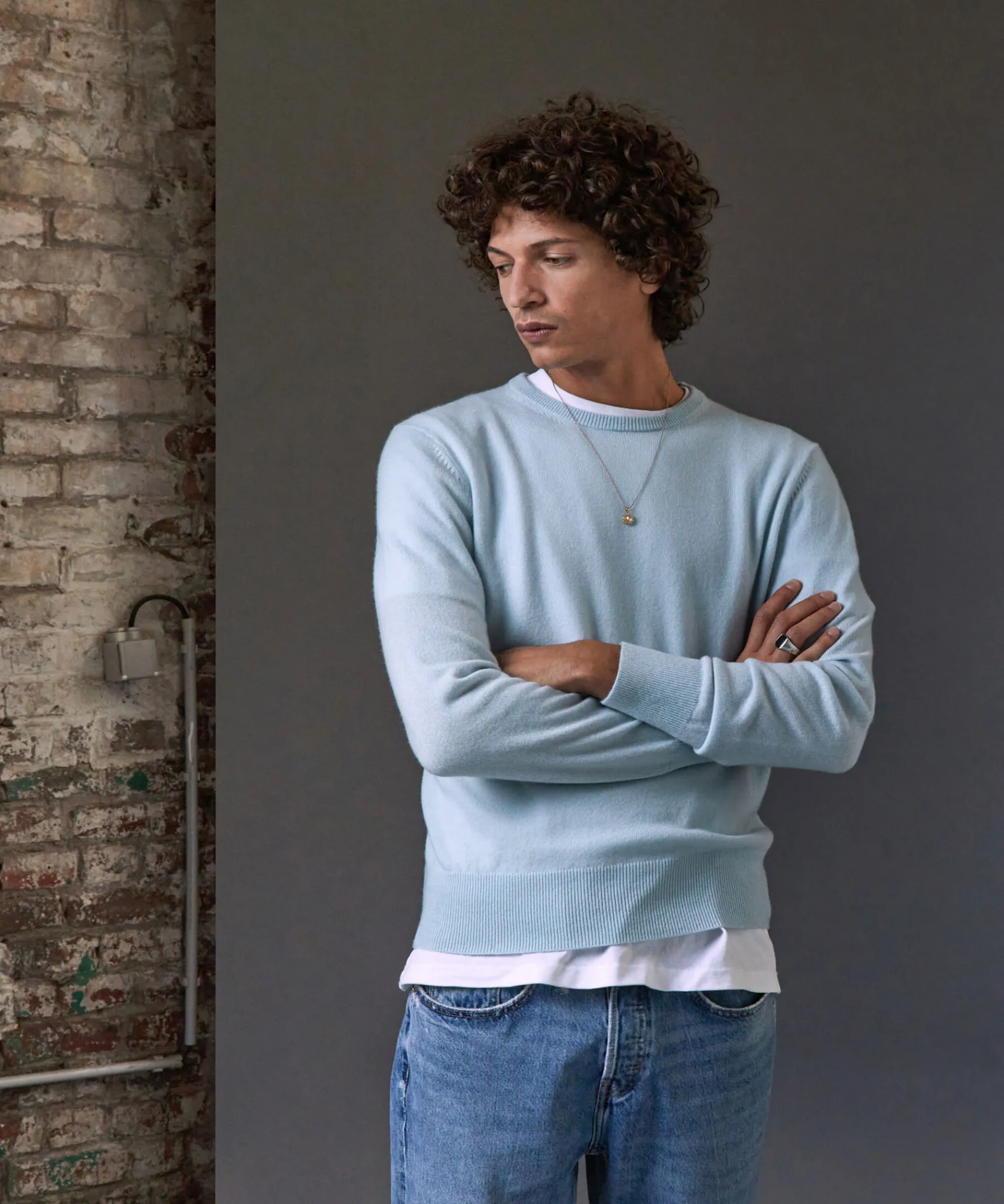 New Rodier Pull homme col rond en cachemire 2 fils bleu ciel