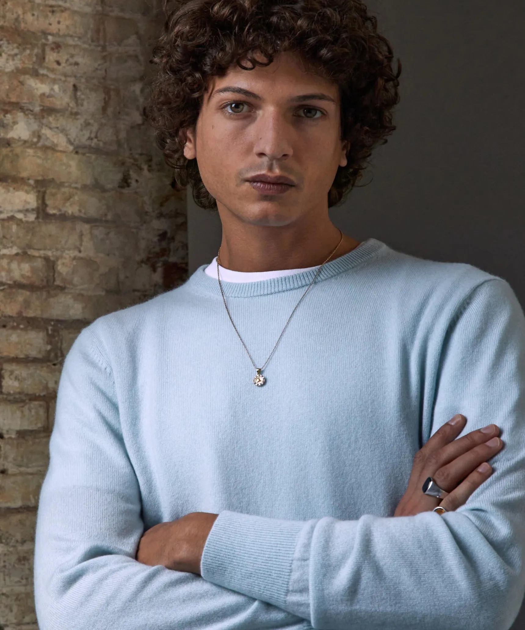 New Rodier Pull homme col rond en cachemire 2 fils bleu ciel
