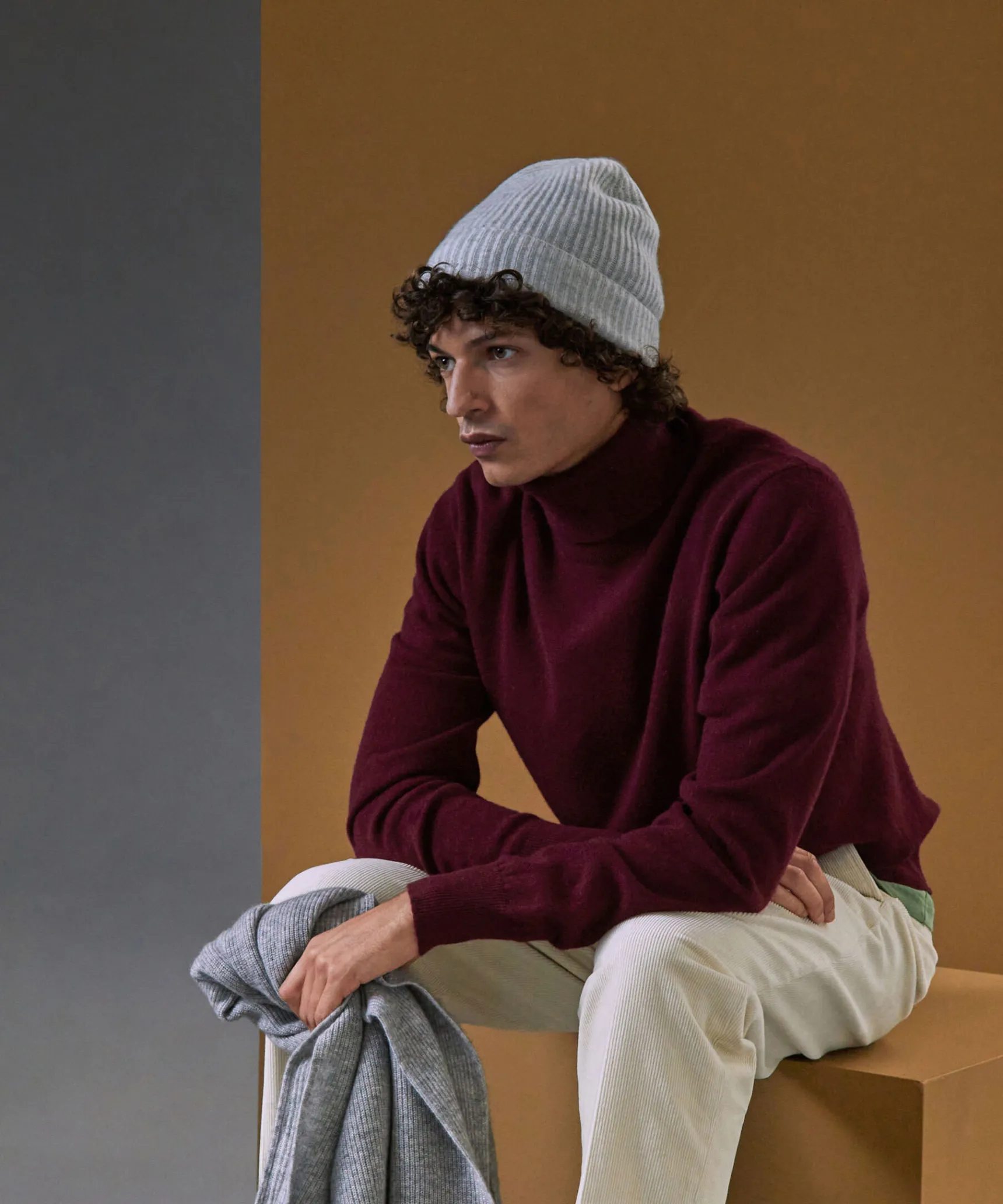 Hot Rodier Pull homme col roulé en cachemire 2 fils bordeaux