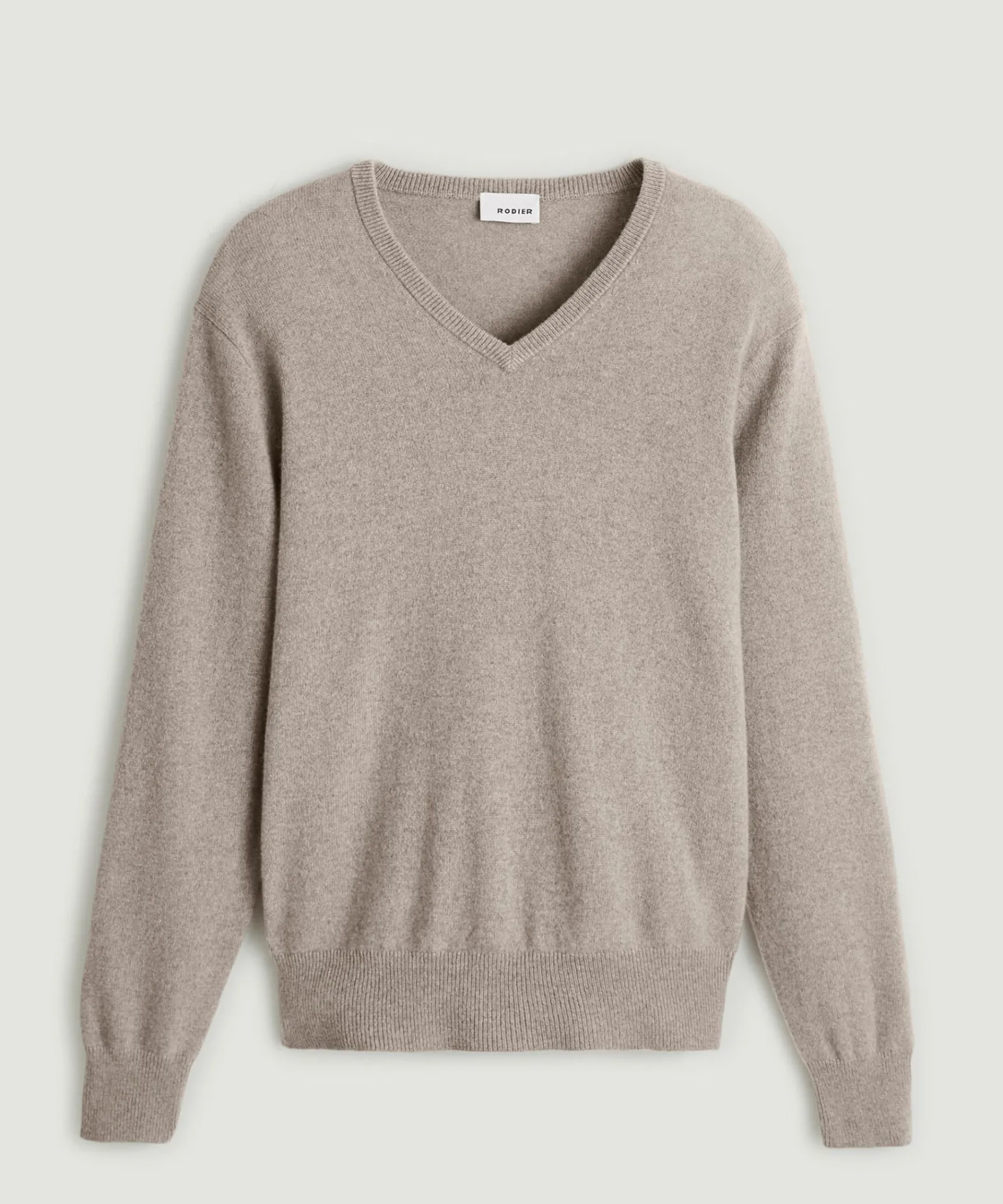 Hot Rodier Pull homme col V cachemire beige foncé