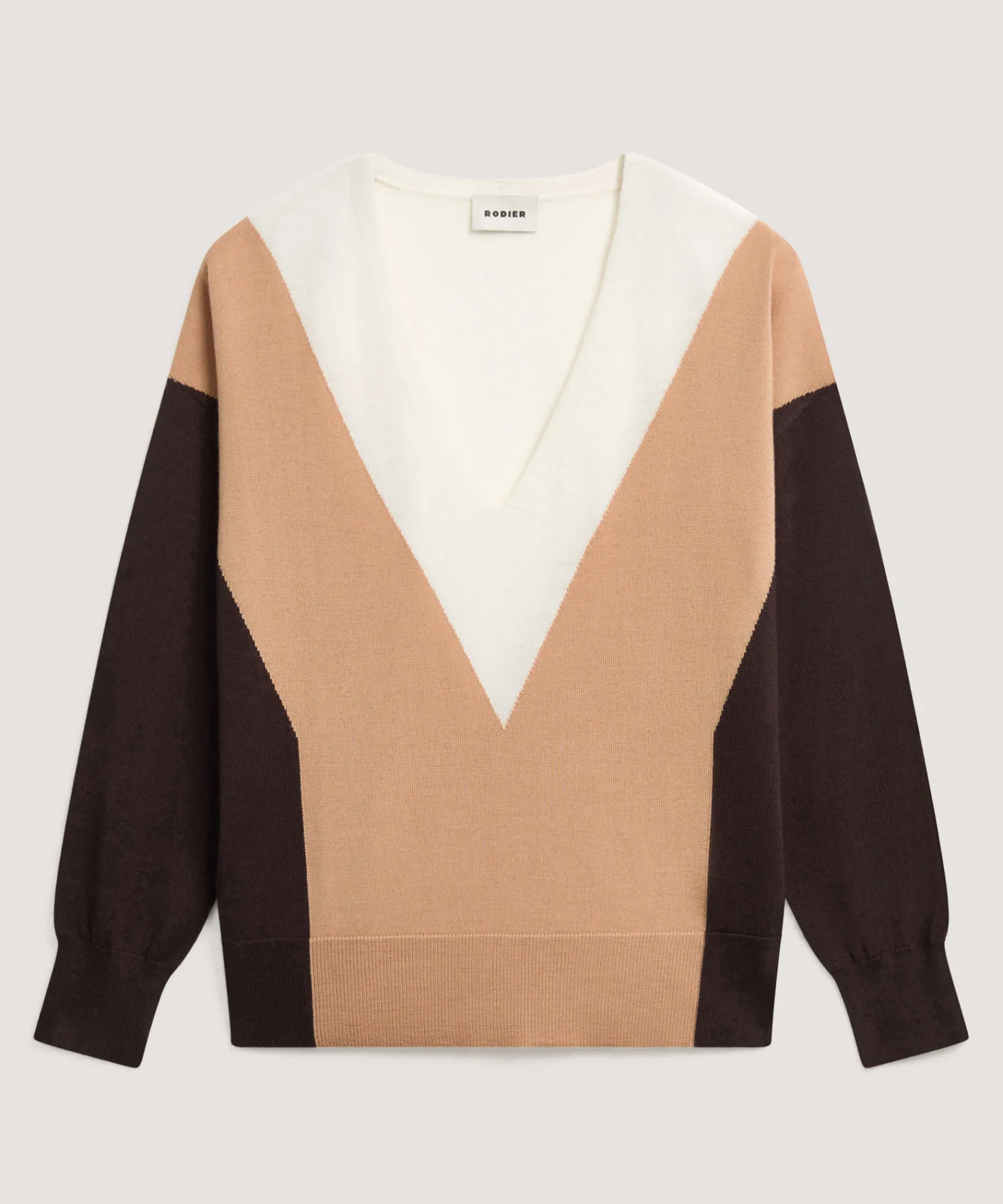Hot Rodier Pull intarsia en laine mérinos marron café