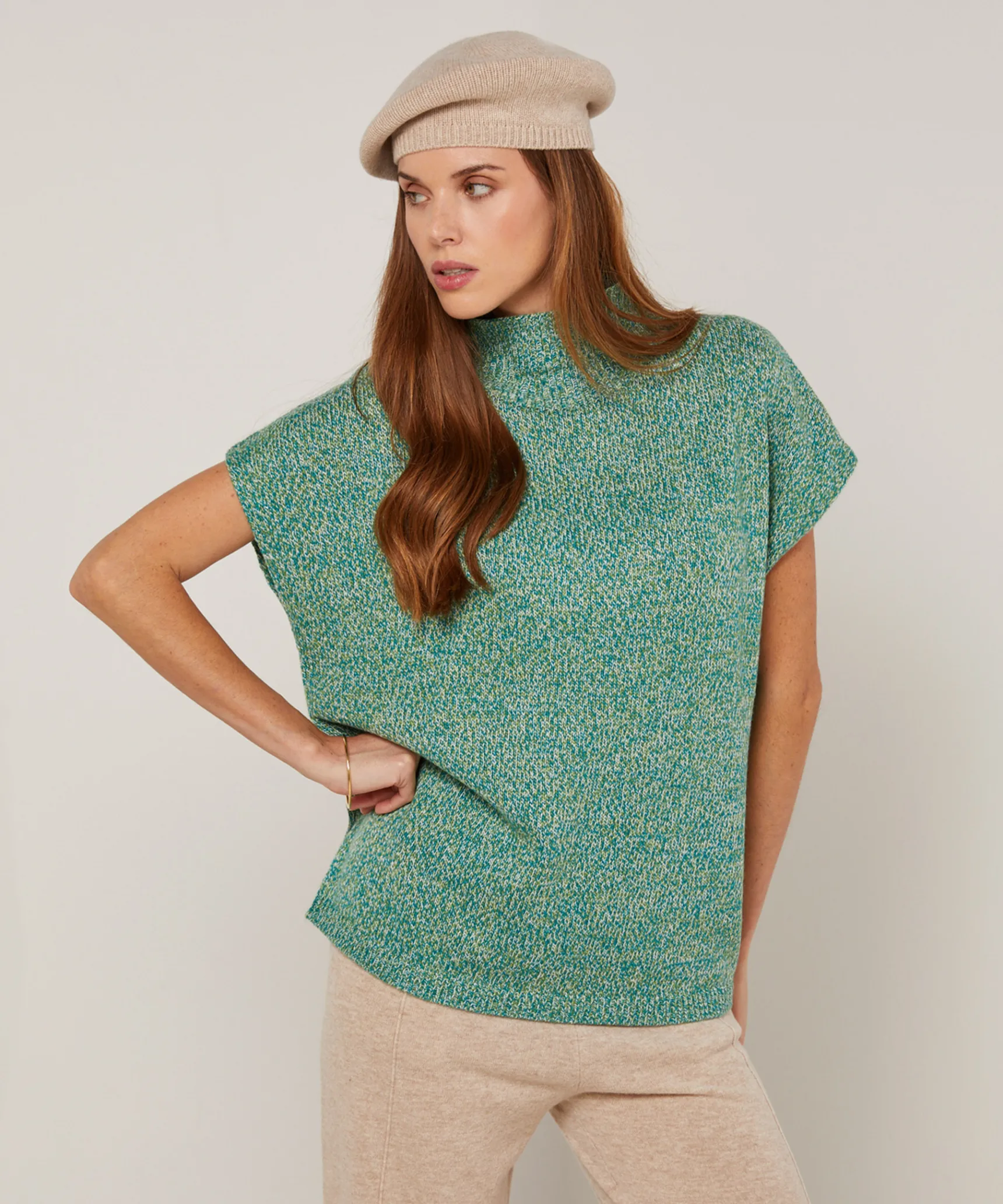 New Rodier Pull long col montant manches courtes chiné vert