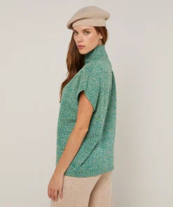New Rodier Pull long col montant manches courtes chiné vert
