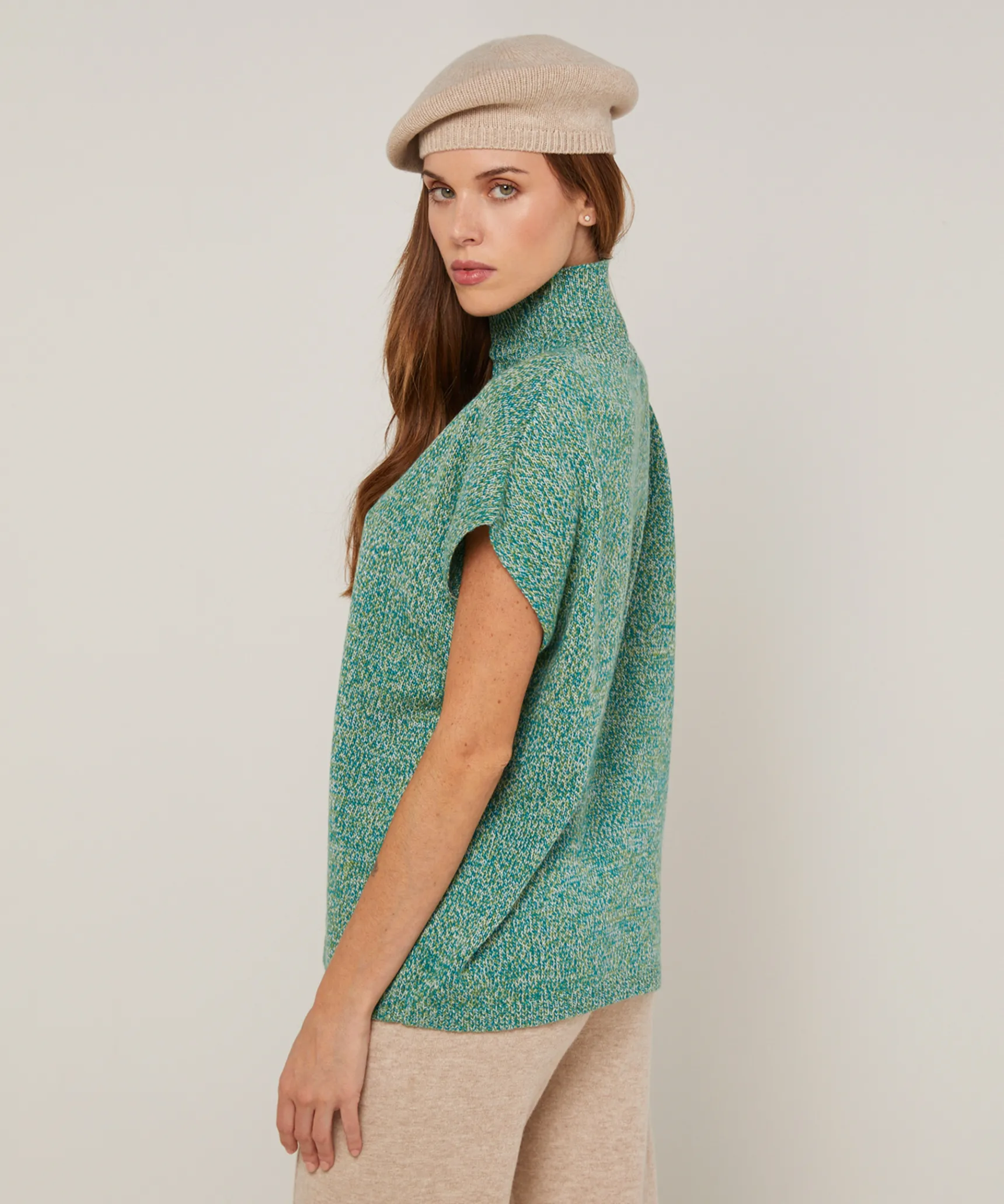 New Rodier Pull long col montant manches courtes chiné vert