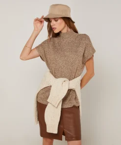Outlet Rodier Pull long col montant manches courtes chiné marron